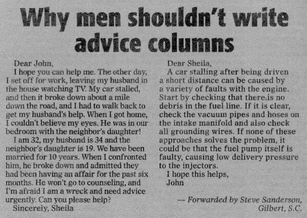 stevematomato's tweet photo. #ItsAlwaysVeryImportantTo Let women write advice columns.. Otherwise this Will happen ๐๐ https://t.co/TNI9VG00pT