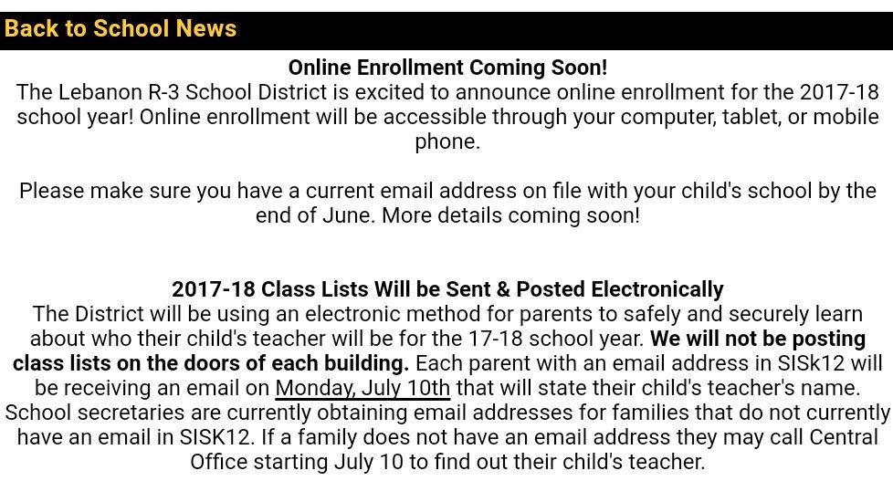Important Information for the 2017-2018 School Year!