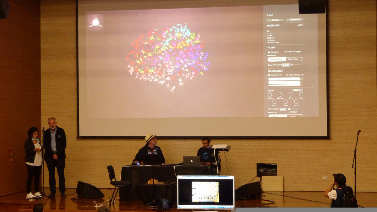 Scot Gresham-Lancaster and Roger Malina in Reunion 2: Performance of the Data Stethoscope for Complex Networks of fMRI Data and Chess Board.