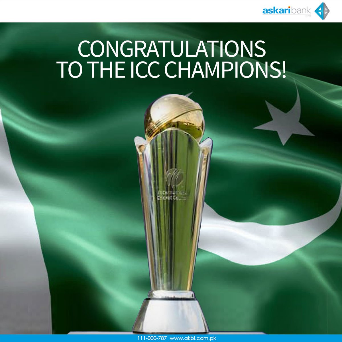 Askari_Bank's tweet photo. Congratulations Team Pakistan for this historic win.
We are proud of you!
#INDvPAk #CT2017Finals #AskariBank #PakistanZindabad https://t.co/XQQStE6Tqc