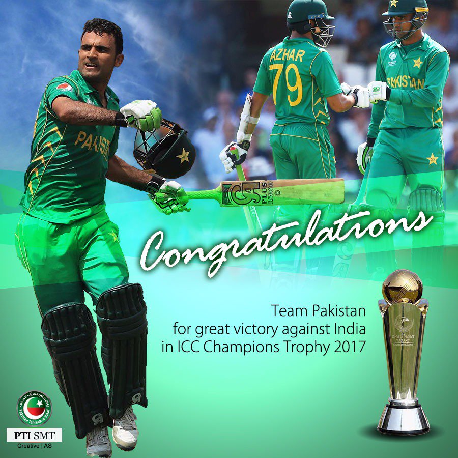 PTIofficial's tweet photo. Congratulations Pakistan on a glorious victory!
#CT17 https://t.co/gXHZpUAhr1