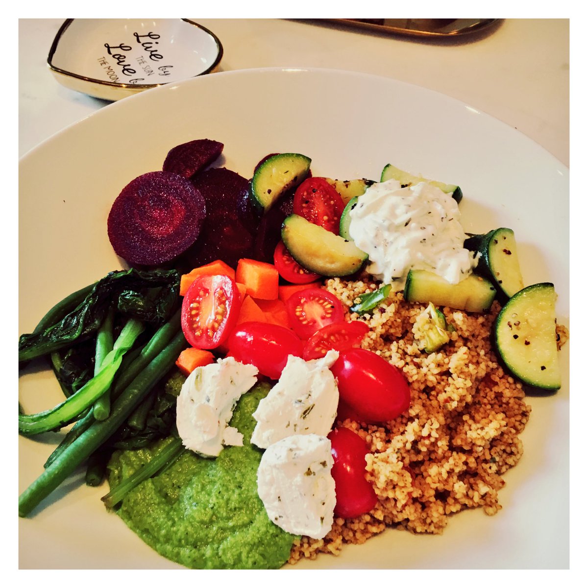 Dinner - spiced green chilli Moroccan cous cous, pea purée, goats cheese, tzatziki &amp; veg-made f/ scratch f/ <a href="/parkwaygreens/">Parkway greens F&V</a> @PrimroseMarket