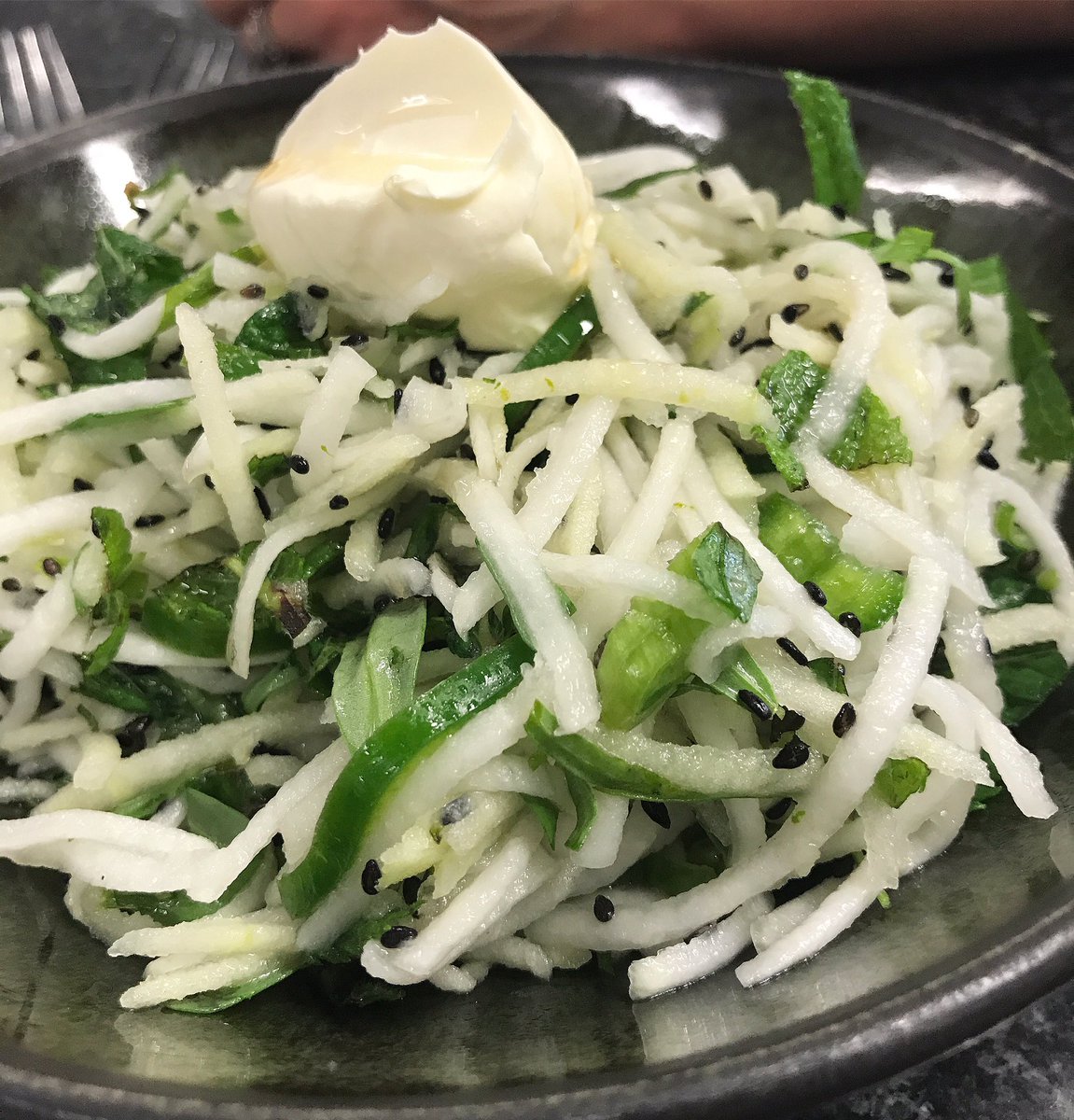 ottolenghi's tweet image. So easy,so good! Shred 2 apples 3kohlrabis in food processor, add chilli, coriander, mint, tarragon, garlic, oil. Top:creme fraiche.