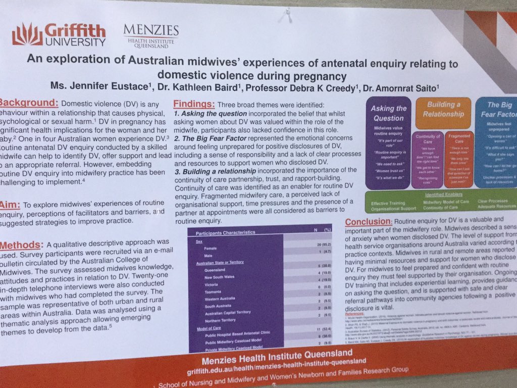 Poster Presentation Eustace, Baird, Creedy, Saito An exploration of Midwives Experiences of DV enquiry#ICM2017 #MidwiferyGU