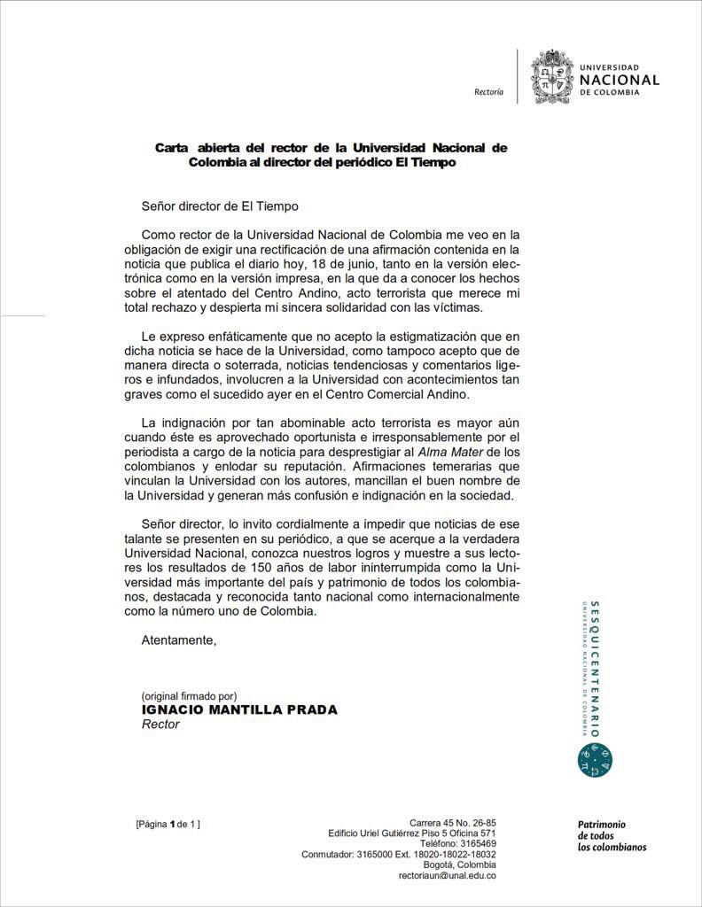 JaisonComunes's tweet photo. #UniversidadNacional | Ante las afirmaciones de @ELTIEMPO , que vincula a esta Alma Mater con los atentados del CC Andino, Rector Responde. https://t.co/qGFBtnmlma