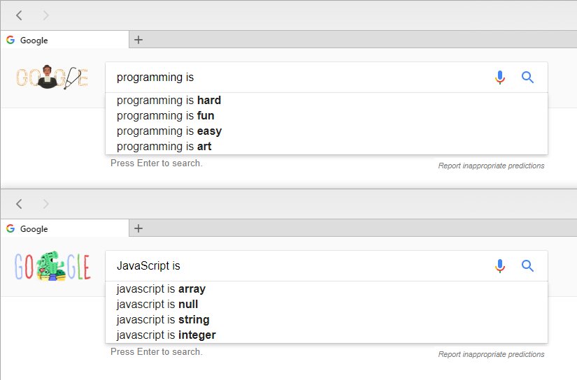 jonathansampson's tweet image. Programming is hard, fun, easy, and art. JavaScript on the other hand is array, null, string, and integer. Trust me. I asked Google.