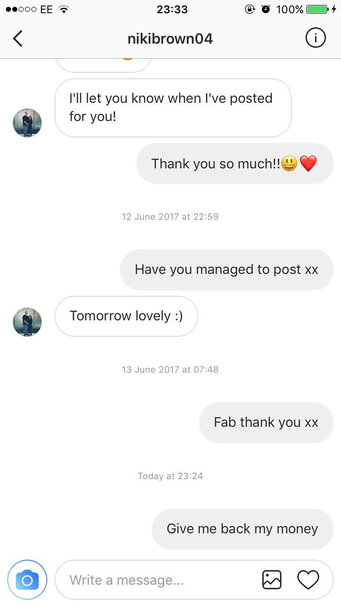 emilysmeeton's tweet photo. Niki Brown scammed me, would appreciate it if people took the time to retweet this and read this, beyond pissed off https://t.co/MEVu9nQMk8