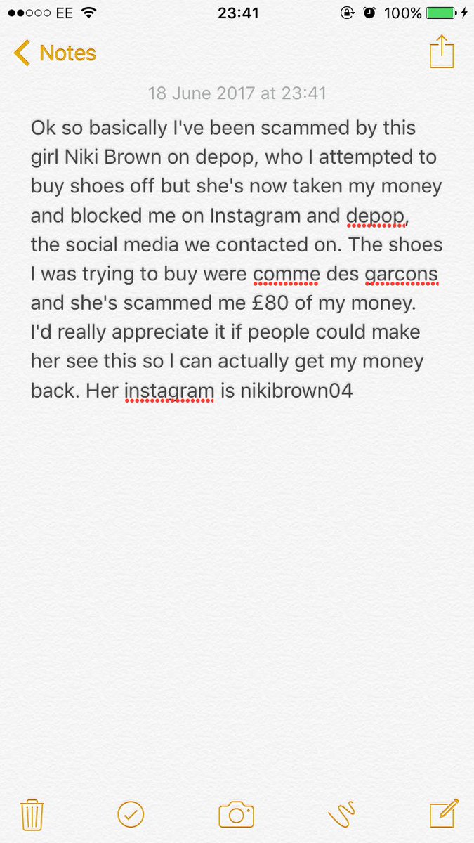emilysmeeton's tweet photo. Niki Brown scammed me, would appreciate it if people took the time to retweet this and read this, beyond pissed off https://t.co/MEVu9nQMk8