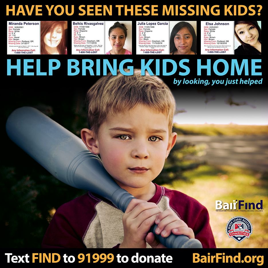 BairFind's tweet photo. Opening day is almost here! Thanks to @MiLB @HillsboroHops for raising awareness for missing kids with #BairFindsign at #RonTonkinField. https://t.co/DdcAzeL4mt