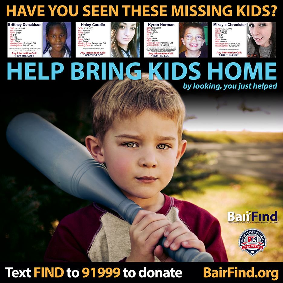 BairFind's tweet photo. Opening day is almost here! Thanks to @MiLB @HillsboroHops for raising awareness for missing kids with #BairFindsign at #RonTonkinField. https://t.co/DdcAzeL4mt