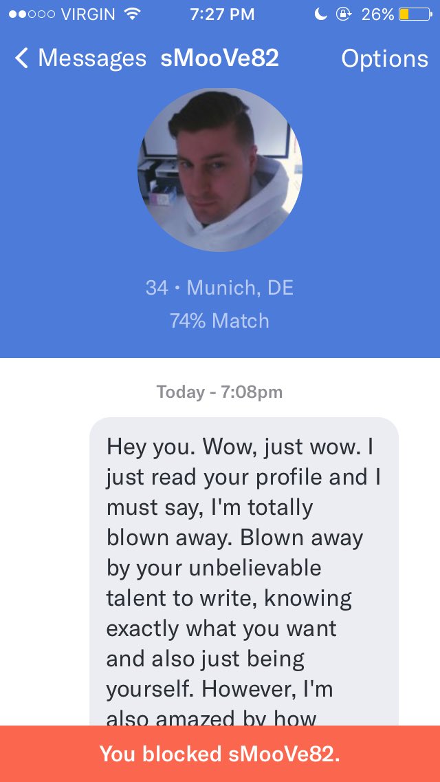 sarathofkhan's tweet photo. Remember when @okcupid told me to just report harassment? Let's see how long it takes for this asshole to be banned. #MasculinitySoFragile https://t.co/Jpr3uDAuZi