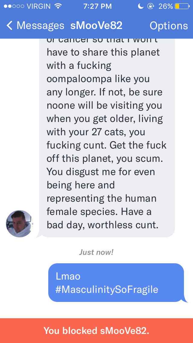 sarathofkhan's tweet photo. Remember when @okcupid told me to just report harassment? Let's see how long it takes for this asshole to be banned. #MasculinitySoFragile https://t.co/Jpr3uDAuZi