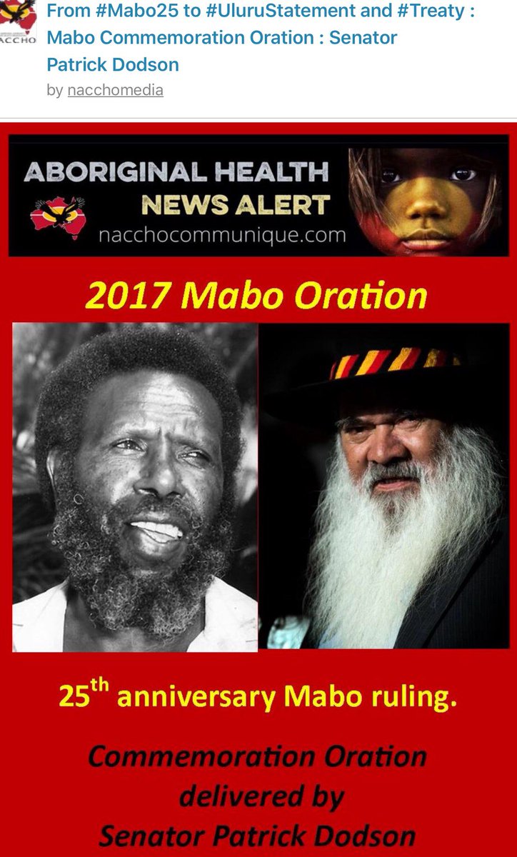 NACCHOAustralia's tweet photo. From #Mabo25 to #UluruStatement and #Treaty : Mabo Commemoration Oration :
Senator Patrick Dodson @IndigenousX
https://t.co/rM5KhSZ3WP https://t.co/6enR0lqMqS