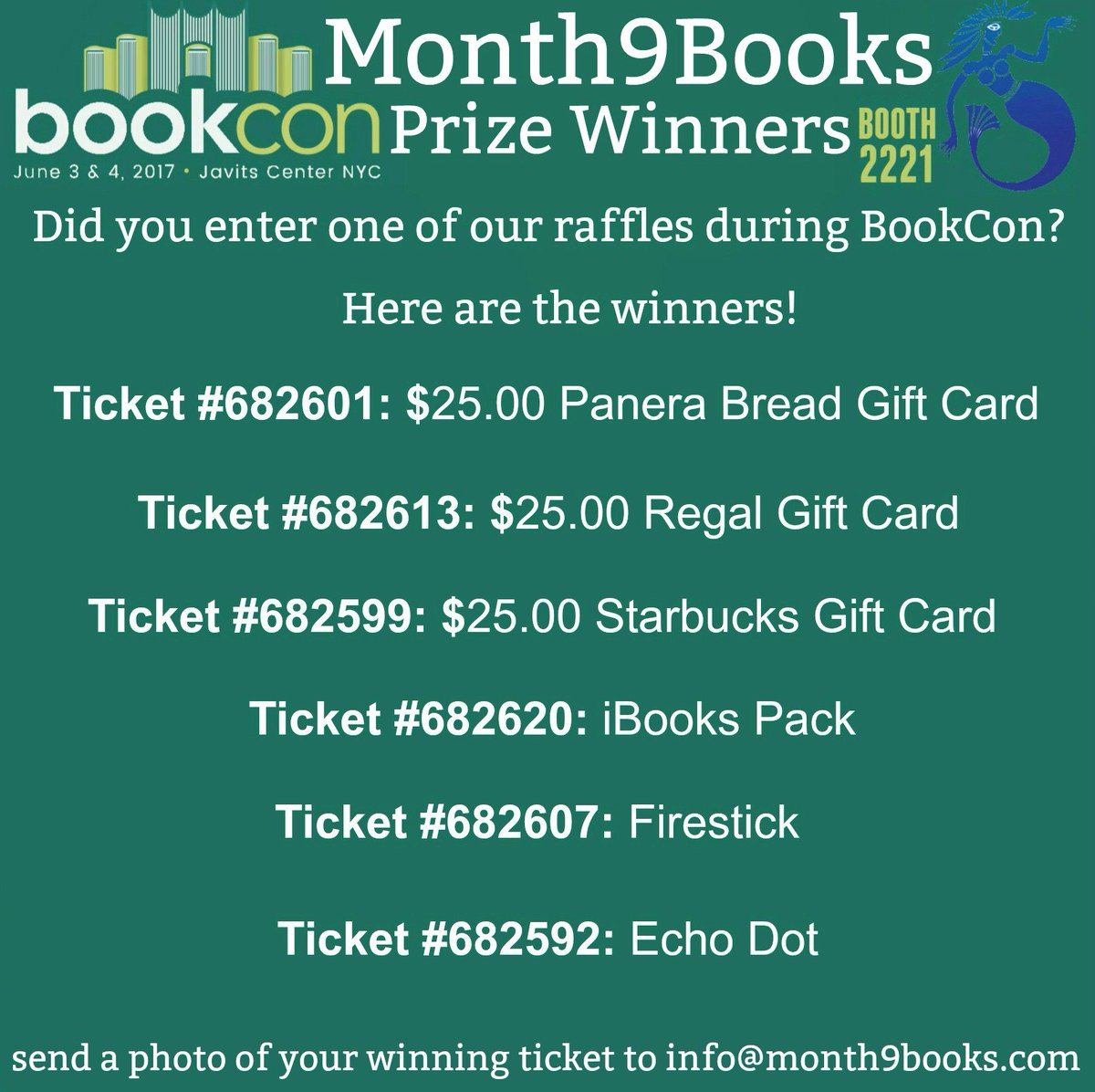 Month9Books's tweet photo. Did you enter one of our raffles during #BookCon2017? 
Here are the winners! https://t.co/jGpng6ArG3