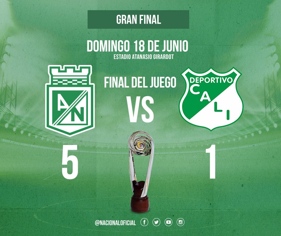 nacionaloficial's tweet photo. Terminó el partido. El verde es el Campeón de la Liga colombiana. #NacionalDaleCampeón #SomosCampeonesOtraVez #YaSon16 https://t.co/Oi2nFWoxDe