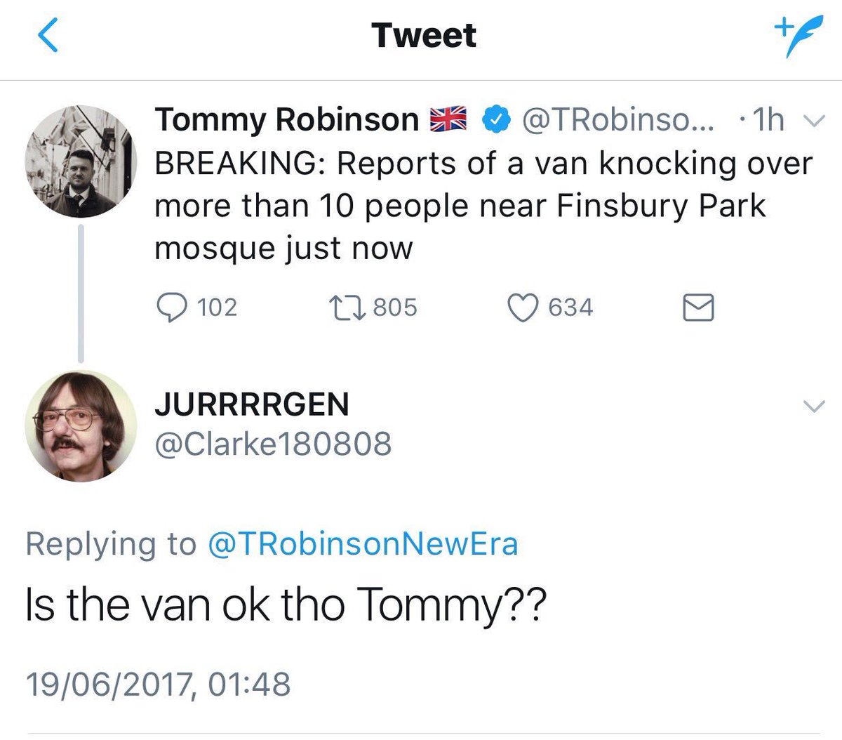 Y2SHAF's tweet photo. A van has ploughed into people coming from mosque and this is the reaction of Tommy Robinson's followers. #FinsburyPark https://t.co/VOETUlnTSf