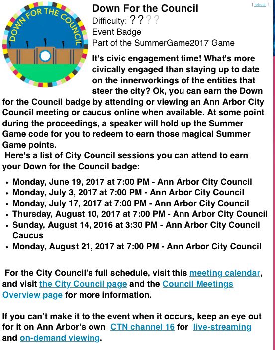 annyhanny's tweet photo. @vielmetti @TeacherPatti @a2_peter Look #a2council!
#AADL #AADLSummerGame special #CouncilCode badge.
๐โญ๏ธ๐ https://t.co/Xg9mbq04Bi