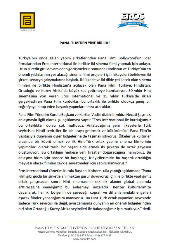 PANA FİLM'den yine bir ilk!

Pana Film, Bollywood’un lider firmalarından Eros International ile anlaştı.