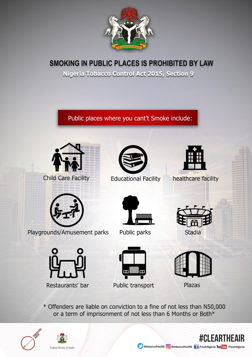 tobaccofreeng's tweet photo. @Connected_dev @runciecwc @nighealthwatch @NafdacAgency @NCDCgov @bigmoNaija @TheNwafor @ekemma @WHONigeria @CPCNig @USCDCNIGERIA @chizobawonodi @chiomakanu @savechildrenNG @ChinweOchu @Celna4all @Onyi_Estelle @Damie_F_ NTCAct 2015 prohibits smoking in public places. As @Fmohnigeria begins implementation - what we must all know 👇. Together let's #ClearTheAir https://t.co/35S8ajE3cJ