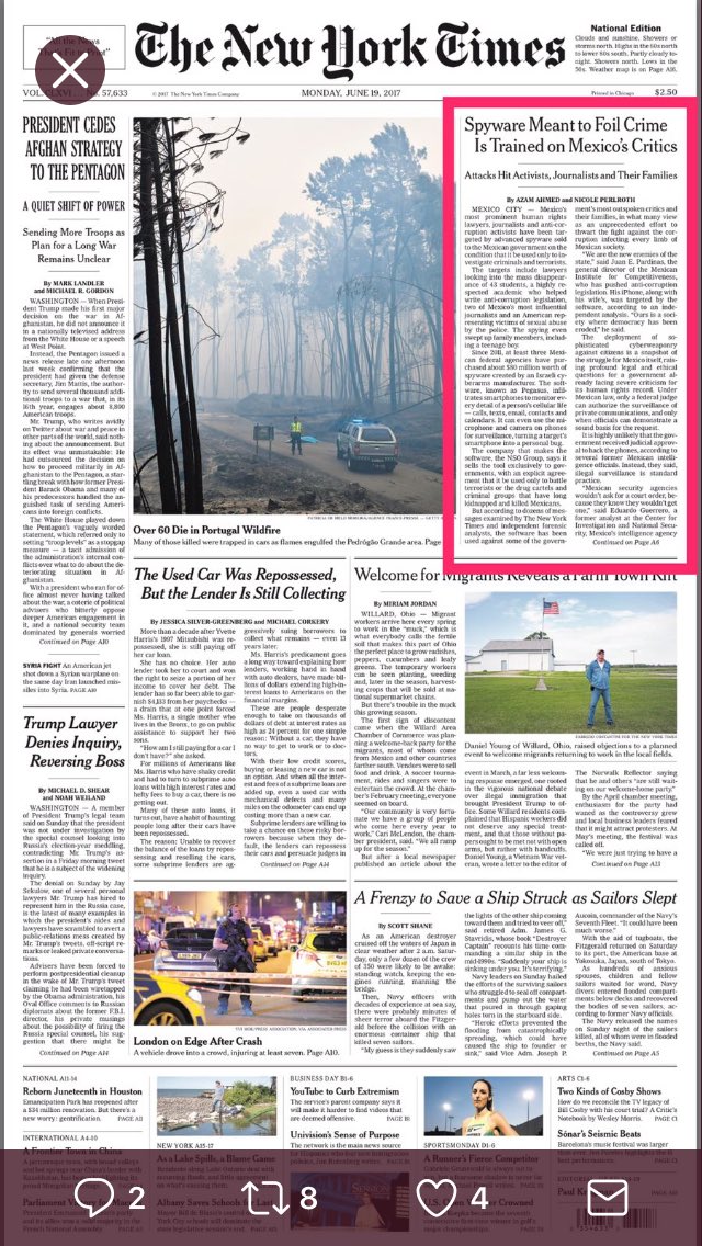danliza's tweet image. Ganamos primera plana en el NYT. Algo de corrupción? No, publican cómo nos espía el Gob de Peña a periodistas y activistas #GobiernoEspía