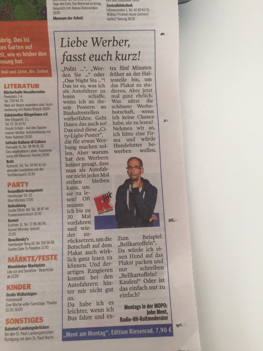 ibotrampe's tweet photo. Recht hat er: #JohnMent von @RHH_Reporter kritisiert unsinnig lange #Plakatwerbung, die keiner lesen kann @mopo https://t.co/X91ShHdYWh