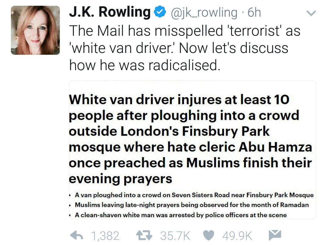 Shy_Society's tweet photo. Whilst on the subject of misspellings, @jk_rowling, it seems you misspelled "terrorists" for "thugs" on June 4.

Those in glass houses? https://t.co/lLprYrDtu1