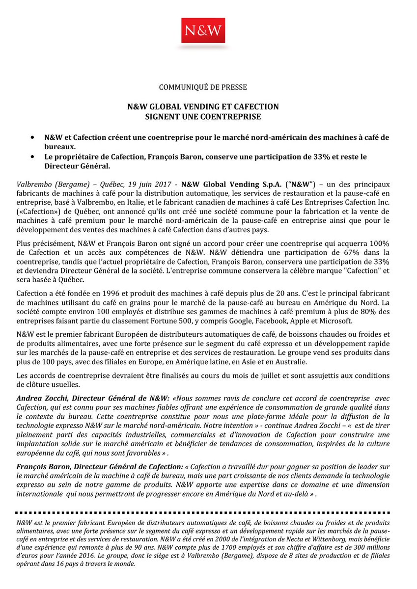 COMMUNIQUÉ DE PRESSE 
"@CafectionCoffee et <a href="/NW_Global/">needleman_wunsch</a> créent une coentreprise pour le marché nord-américain des machines à café de bureaux."