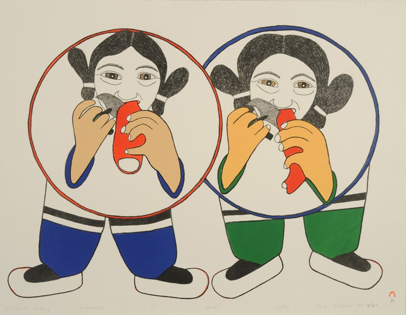 MacMuseum's tweet photo. What are the two girls eating? Arctic char, a cold-water fish. #Inuit litho is gift of Gordon Eberts ©DorsetFineArts #FoodMW #WomenMW #art https://t.co/Q7JUC53ajg