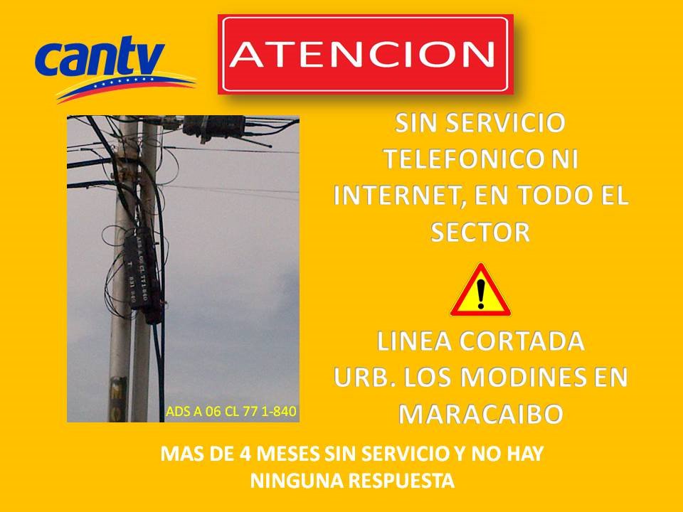 mxd600's tweet photo. @ContactoCantv @NicolasMaduro Urb los modines #Maracaibo sin linea cantv en todo el sector ¡ATENCIÓN! #19Jun #FelizLunes @trafficMcbo https://t.co/WvtsEWJ6ih
