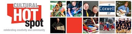 Cultural Hot Spot logo and tag line - celebrating creativity and community - with images of participating community members and artists.