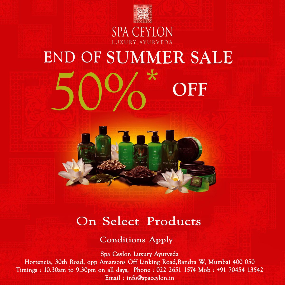 SpaCeylonIndia's tweet photo. End of Summer Sale, 50% Off on Select Products. Do dropin to the Store,Show us the Code (T50S) and get Discount &amp; Freebies, Conditions Apply https://t.co/o7tQ8bqp2b