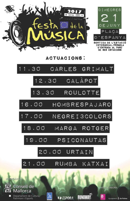 Dimecres celebram la festa de la música amb les actuacions d'alguns grups dels segells mallorquins <a href="/runawaymusica/">Runaway Música</a> @Prod_Blau <a href="/EsporaRecords/">Espora Records</a>