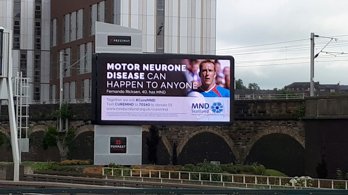 MNDScotland's tweet photo. Our new digital billboard featuring @RangersFC Fernando Ricksen is now live on the Clydeside Express Way during rush hour times. #CureMND https://t.co/fMurkhoWyv