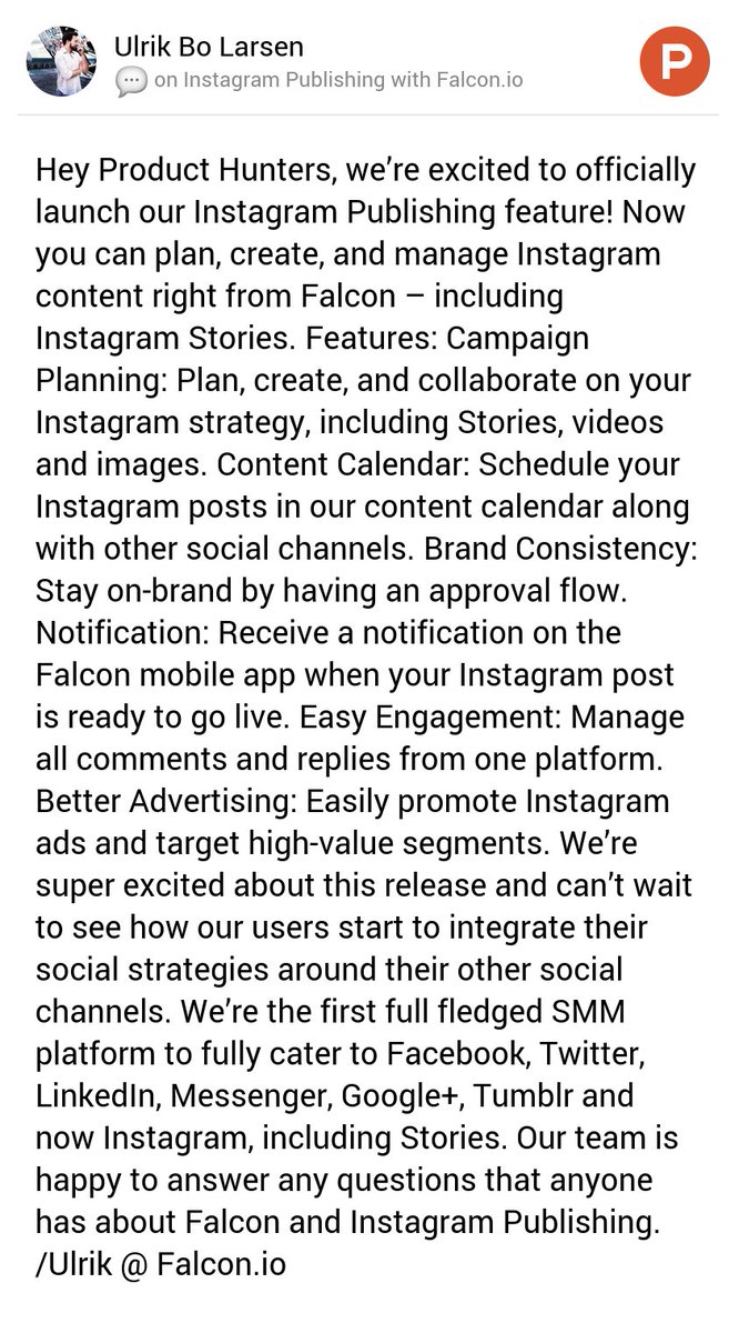 My thoughts on Instagram Publishing with Falcon.io on <a href="/ProductHunt/">Product Hunt 😸</a> producthunt.com/posts/instagra…