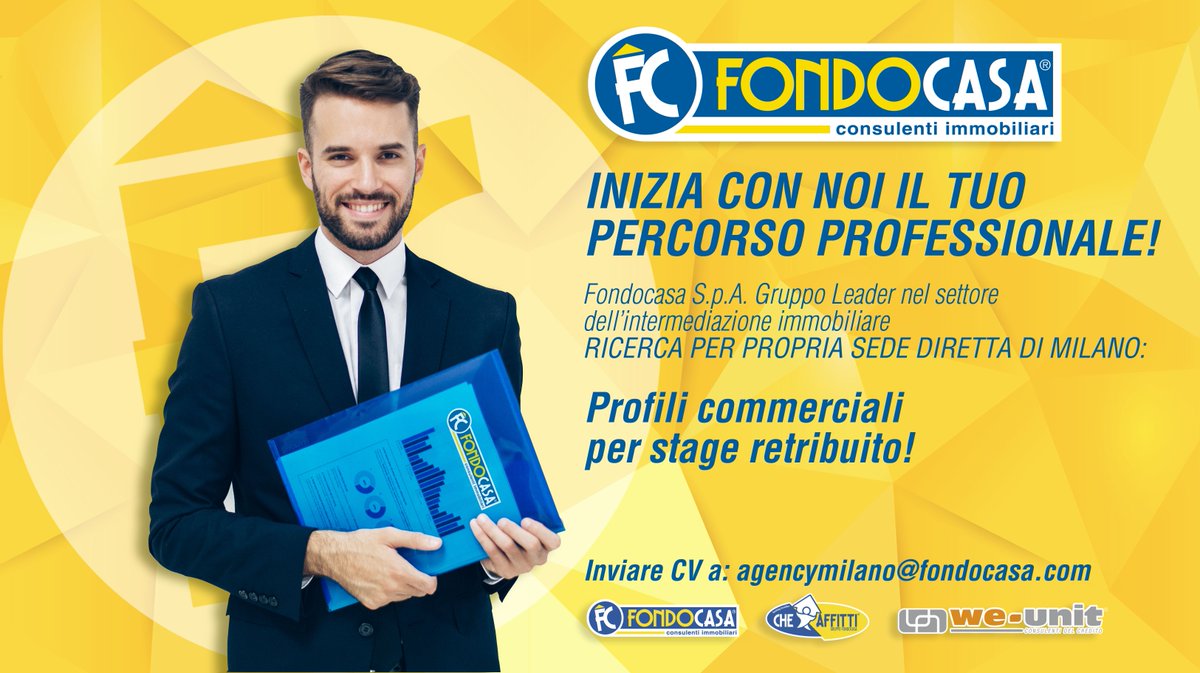 Fondocasa's tweet photo. Selezioniamo 3 PROFILI x STAGE RETRIBUITO da Consulente Immobiliare per Sede di Viale Monte Nero 7, Milano. CV: agencymilano@fondocasa.com https://t.co/3eYkilFpSH