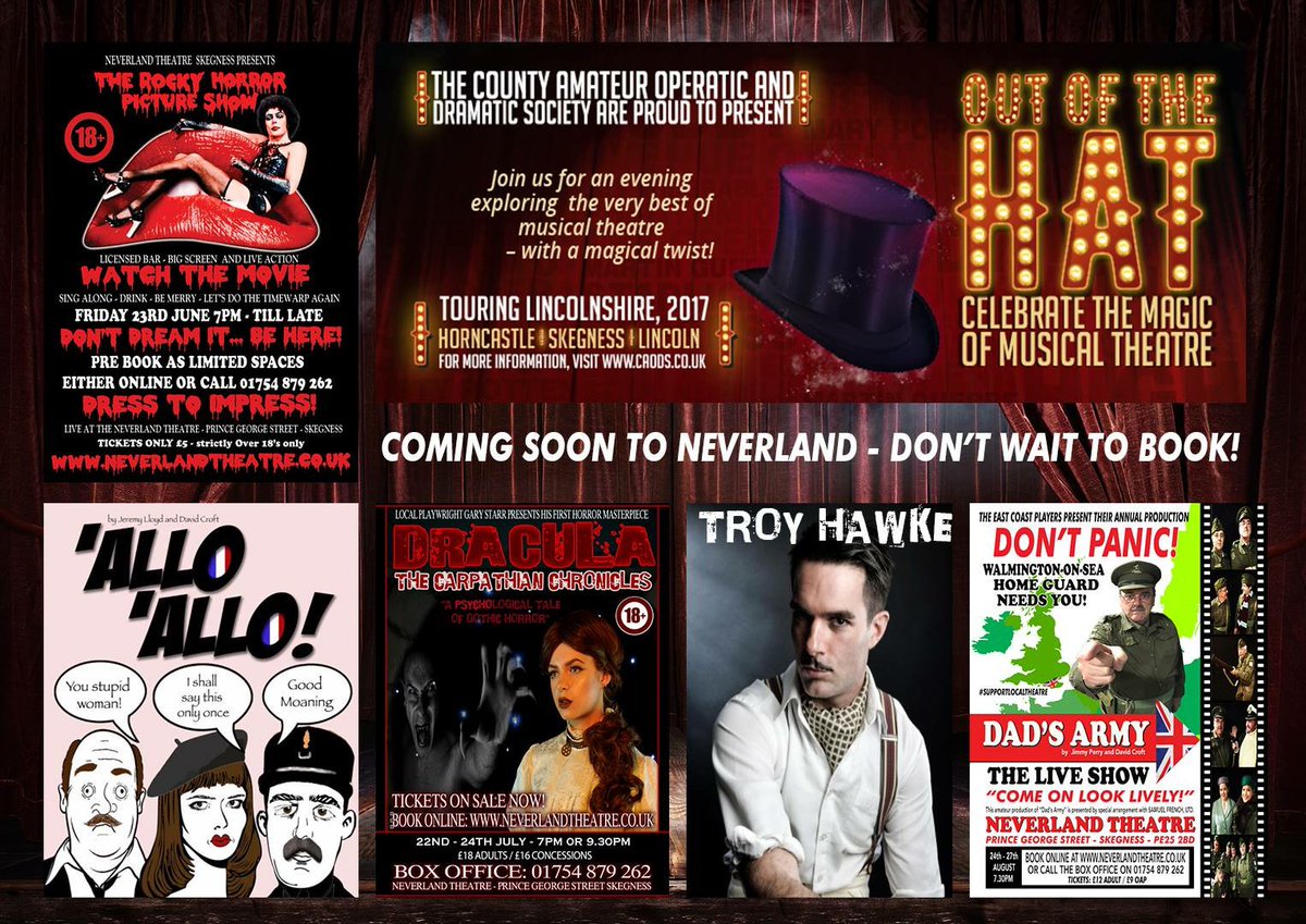 skegnesssiren's tweet photo. Live entertainment coming to the Neverland Theatre, Skegness this coming month. 

Check out our What’s On Guide: 
https://t.co/A2qXJO9ZcU https://t.co/B6SxFfK0qa