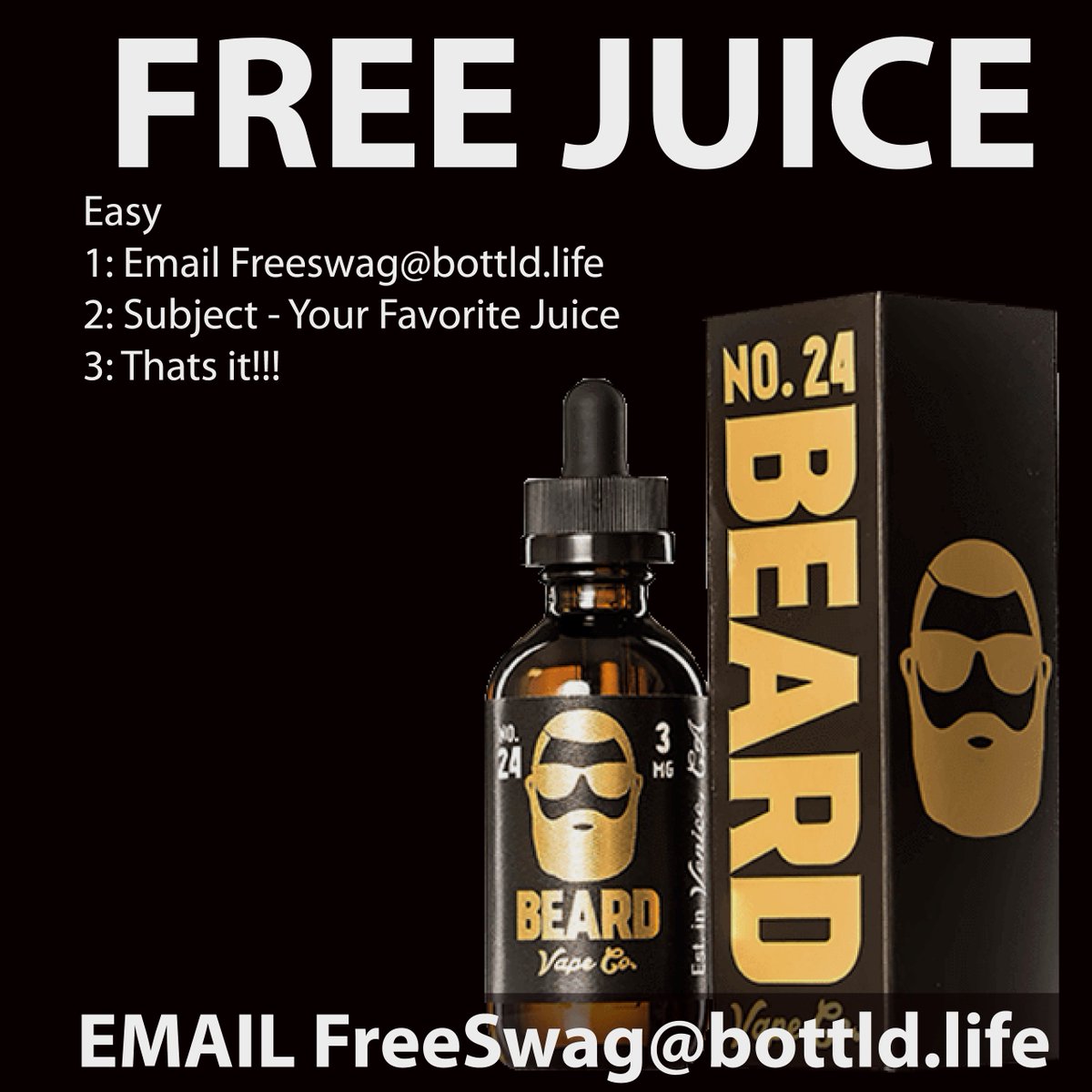 BottldLife's tweet photo. VAPE FOR FREE!!! HUGE JUICE GIVEAWAY!!!

-Like 
-Retweet
-Email - freeswag@bottld.life
-Subject - your favorite e-juice https://t.co/JECbWUaKb3