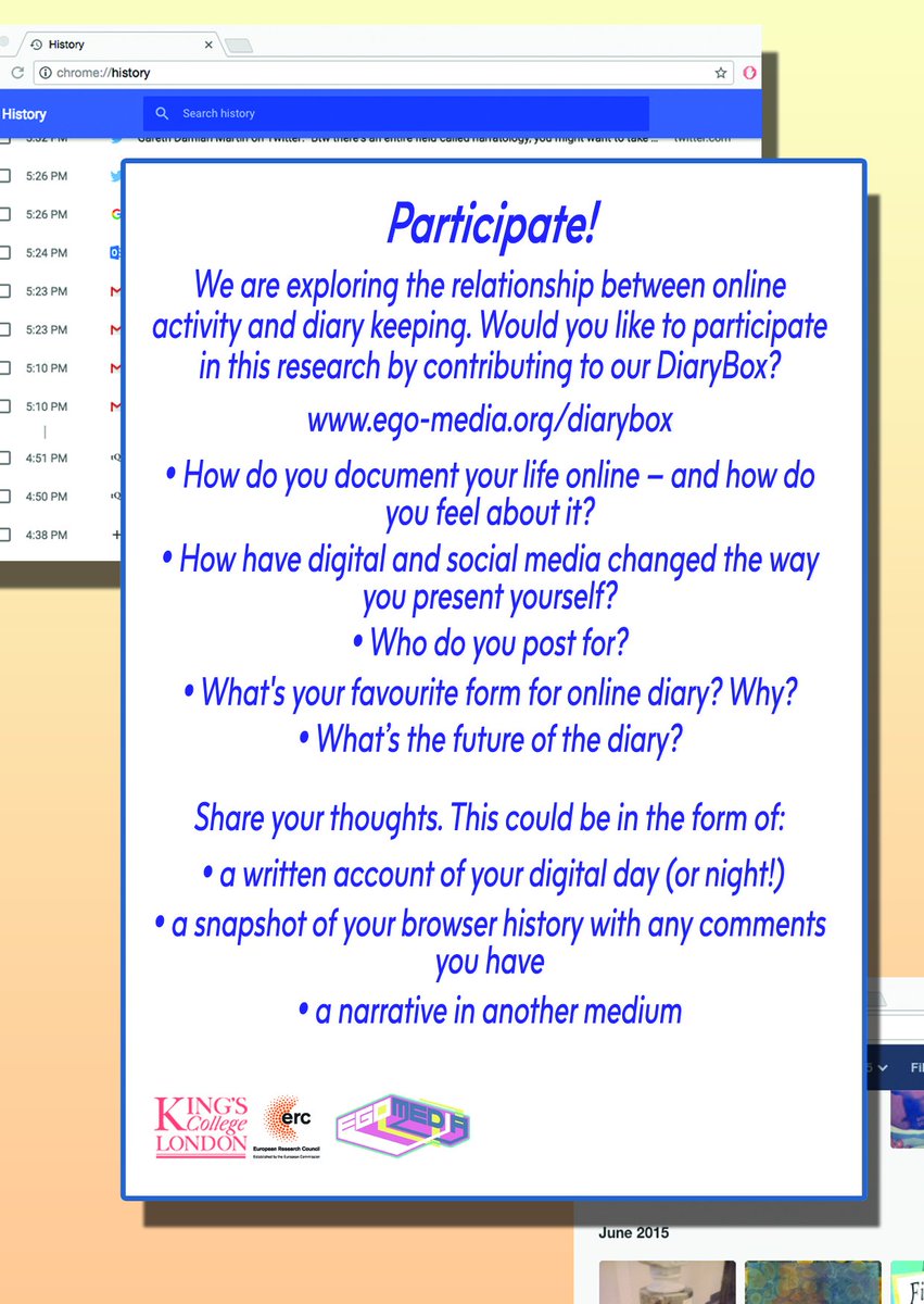 <a href="/egomediaproject/">Ego-Media</a> is exploring links between online activity and diary keeping. Visit our website to contribute to our Diarybox research.