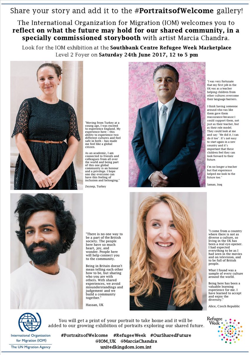 IOM_UK's tweet photo. Join us tomorrow @southbankcentre for #PortraitsofWelcome as featured on https://t.co/UYwYQdnoB2 - we can’t wait to meet you! @RefugeeWeek https://t.co/Z7NF5FDznc