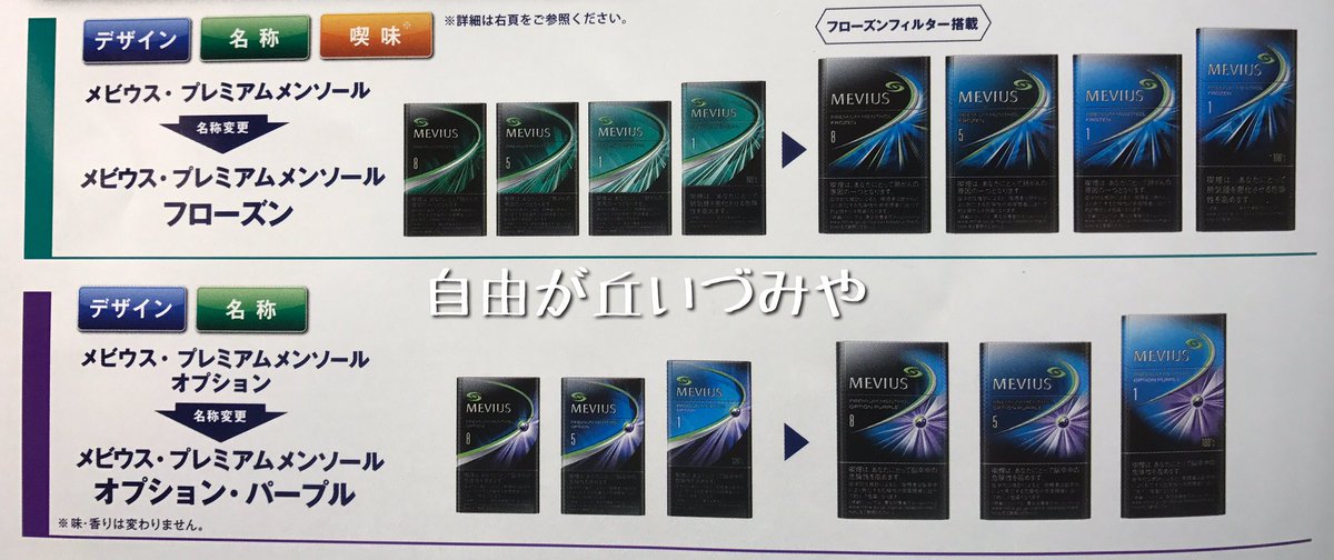 自由が丘 たばこのいづみや Twitterren 紙巻たばこ メビウス プレミアムメンソール シリーズが8月上旬よりリニューアル致します プレミアムメンソールのみ名称 デザインのほかメンソール感が強くなり 喫味も変わります オプションは名称 デザイン オプション 自由が丘 たばこのいづみや Twitterren 紙巻たばこ メビウス プレミアムメンソール シリーズが8月上旬よりリニューアル致します プレミアムメンソールのみ名称 デザインのほかメンソール感が強くなり 喫味も変わります オプションは名称 デザイン オプション