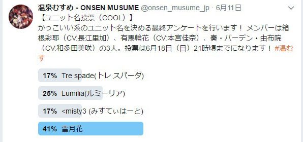 本宮佳奈 ユニット名が決まりましたーー 雪月花 としてかっこいい曲もたくさん歌っていきたいなぁ しゃんぷーはっと も Spica もすごく素敵 たくさんの投票ありがとうございました 温むす