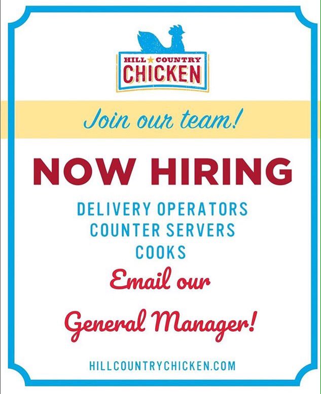 HCChicken's tweet image. Want to join our winning team? We're looking for cooks, dishwashers, cashiers, and supervisors. Email us at NYinfo@HillCountryChicken.com