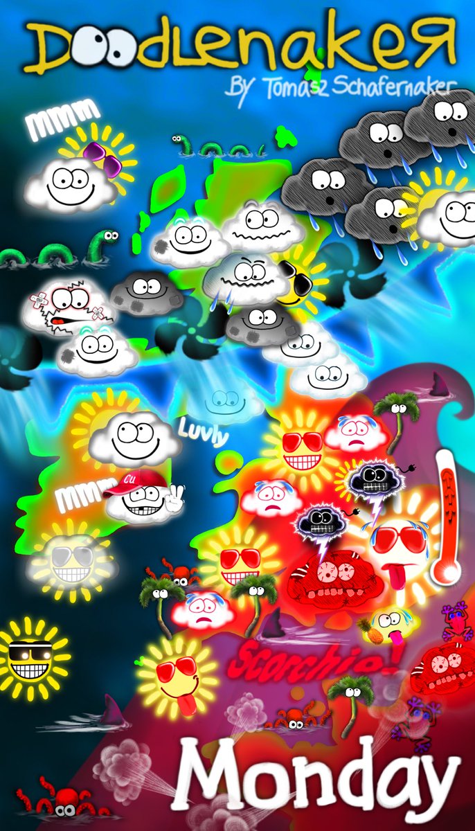 Schafernaker's tweet photo. #Doodlenaker - Monday. The wave of heat ain't budging in South + electricnakers! Giant fan-front brings cooler doodlenakers to bonnie North. https://t.co/SbW4VSq5Zt