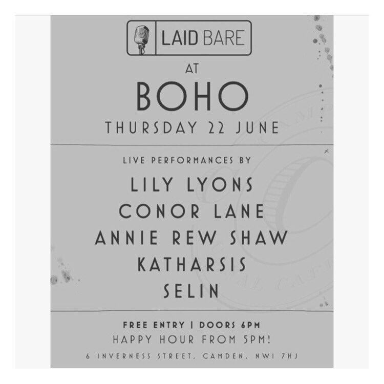 Looking forward to playing at <a href="/BohoCamden/">Boho Bar</a> on Thurs for @laidbarelive! Free entry, cocktails, music, sounds great 🍹🎶
