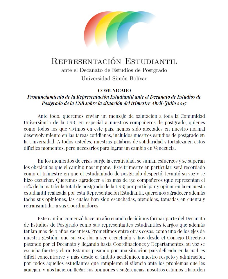 REPostgradoUSB's tweet image. #COMUNICADO Pronunciamiento de la Representación Estudiantil de @PostgradoUSB sobre la situación del trimestre Abril-Julio 2017 #SomosTuVOZ