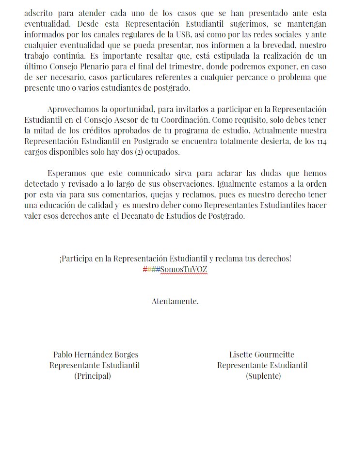 REPostgradoUSB's tweet image. #COMUNICADO Pronunciamiento de la Representación Estudiantil de @PostgradoUSB sobre la situación del trimestre Abril-Julio 2017 #SomosTuVOZ
