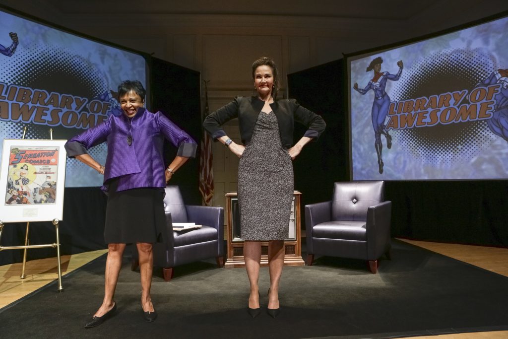 Events_LOC's tweet photo. ICYMI: Pic of the Week for last Friday featured Wonder Woman Visiting for "Library of Awesome." #LCComics https://t.co/okRiopuZ2A https://t.co/Va1jVbf7zS