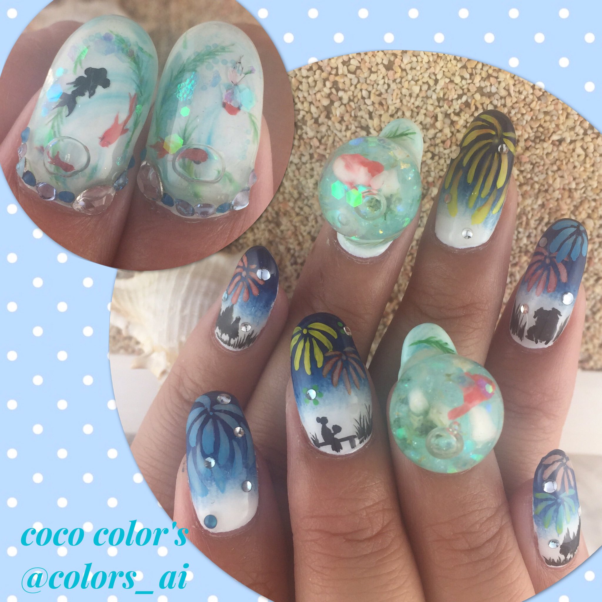 Color Sすずきあい お客様ネイル 夏らしくアクアリウムに金魚がすいすい 金魚鉢にもゆらゆら お持ち込みデザインをアレンジした花火のアートは蓄光ジェルを重ねたので夜に光ります ジェルネイル 夏ネイル T Co Rsw9ddm5nd Twitter