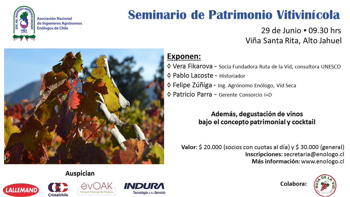La Asociación <a href="/enologoschile/">Asoc Enologos Chile</a> invita a este estupendo seminario sobre Patrimonio Vitivinícola. 29 de junio, 9:30 hrs. Viña Sta. Rita.