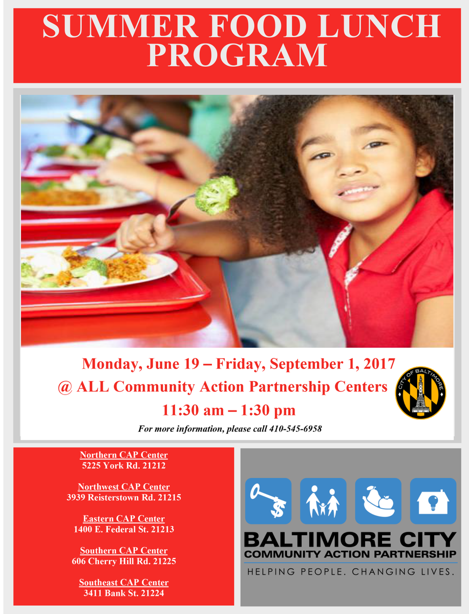 BaltimoreCAP's tweet photo. The FREE Summer Lunch Program starts TODAY! Any youth 18 yrs old or younger can visit a #CAPCenter for a free meal. #BaltimoreCityCAP https://t.co/zXszBUbAYB